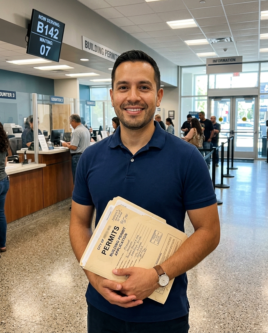 HTX Permit Fix team member at Houston Permitting Center with building permit applications