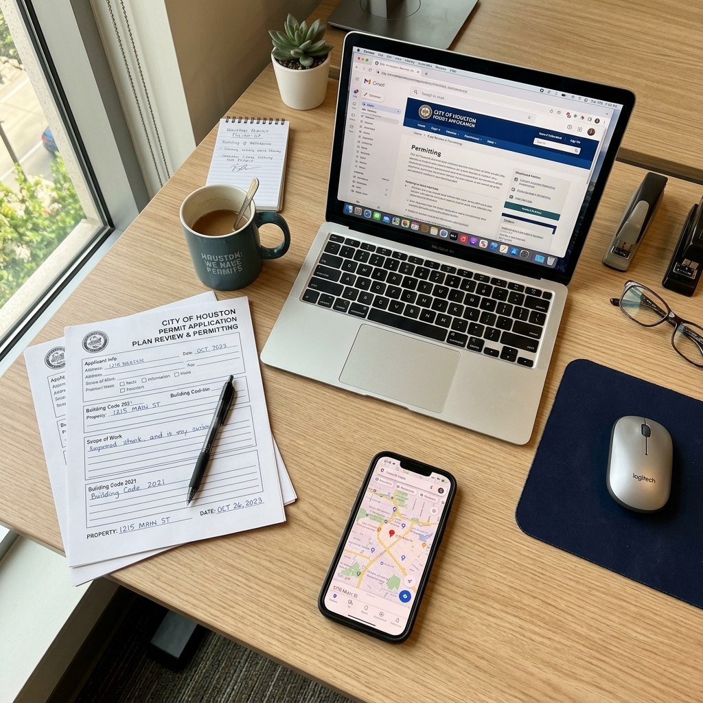 HTX Permit Fix workspace with City of Houston permit application and plan review checklist