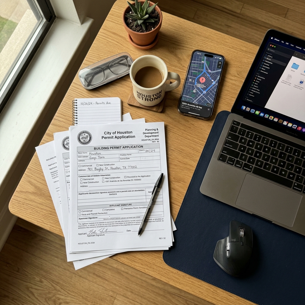 City of Houston Building Permit Application being reviewed at HTX Permit Fix office